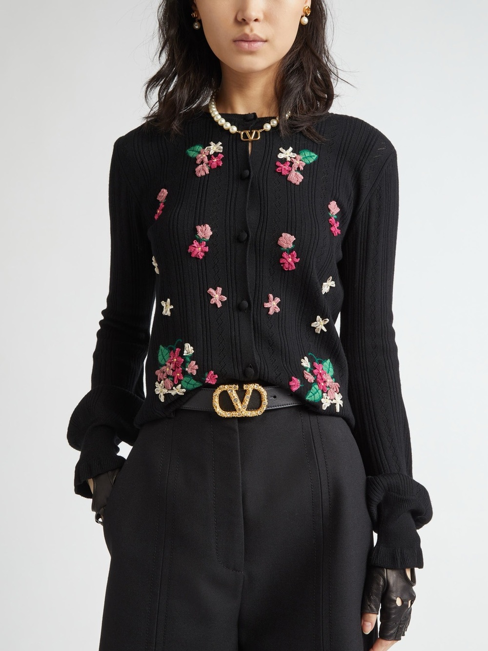 Valentino Garavani Floral Embroidered Virgin Wool Cardigan Small Black NWT